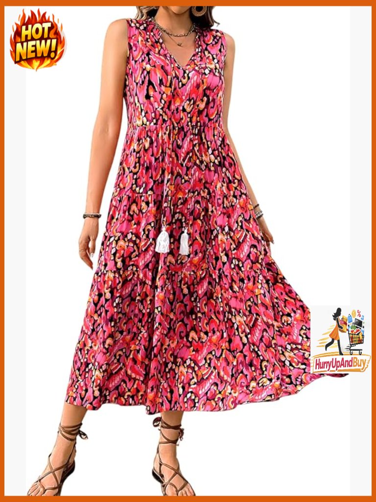 Boho Midi Dress Floral V Neck Sleeveless A Line Flowy Summer Beach